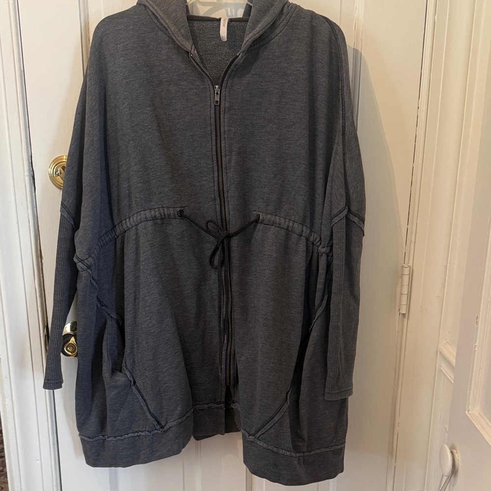 FP hooded medium gray zippered sweatshirt with drawstring, see photo re size
